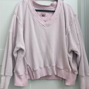 American Eagle Light Pink V-Neck Waffle Knit Sweater
